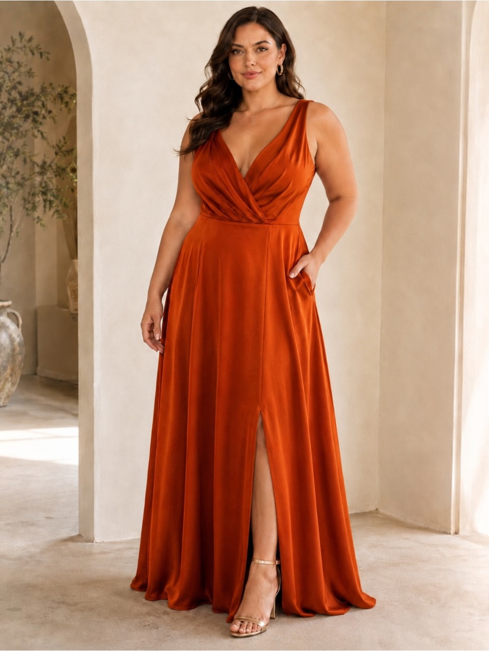 Azazie Nelly Rust Orange A16 Bridesmaid Maxi Dress Pleated V Neck Pockets Slit